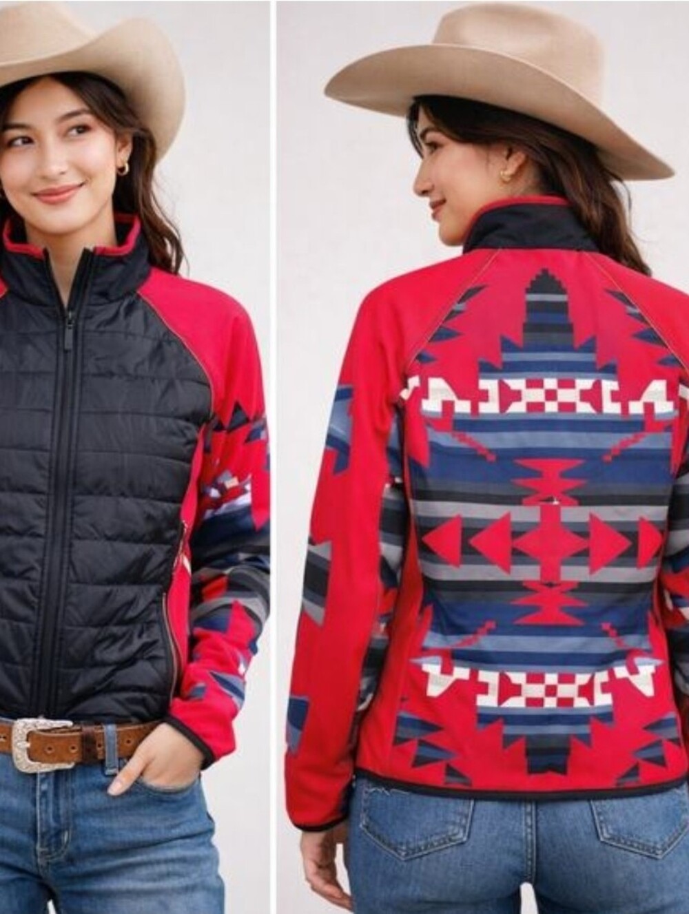 RALPH LAUREN Tribal Aztec Print Quilted Full Zip Red Multi-Color Jacket Size XL